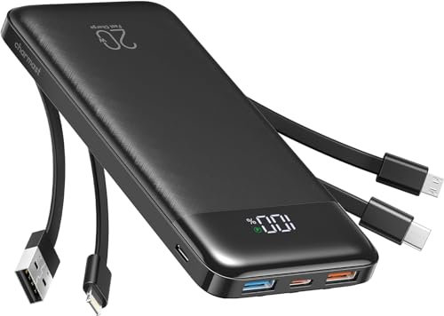 Charmast Power Bank with built-in Cables,20000mAh Fast Charging 20W PD QC Quick Charge Portable Charger USB C Battery Pack compatiable with Smartphones Tablets and More (Dark)