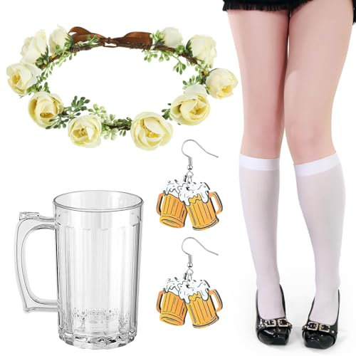 Croloose 4 Pcs Oktoberfest Accessories Set for Women Oktoberfest Beer Mugs Traditional Bavarian Jewelry Set Flower Crown Socks Beer Wine Mug Earrings