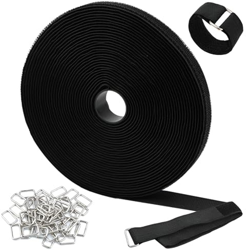 WINKIO 10m Klettband mit 50 Metallschnalle, Freie Schnittlänge Klettbänder-2cm Breit, Wiederverschließbar Klettverschluss Kabelbinder für Organisieren Kabel Schnüre Schläuche(Schwarz)