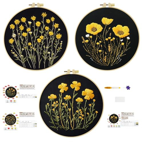 cukol cukol Stickset Erwachsene Anfänger, 3pcs Stickbilder zum Sticken Set | Stickpackungen Kreuzstich Vorgedruckt, Blume Stickvorlagen für DIY Home Deko, Kreatives Bastelset Hobby für Frauen