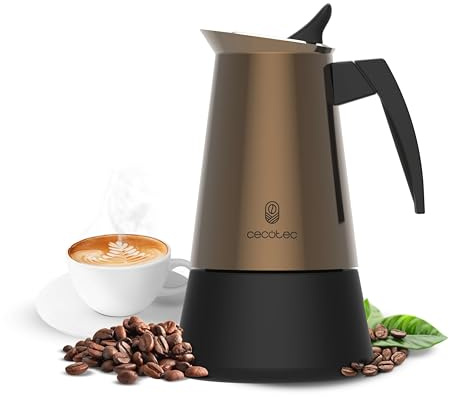 Cecotec Cafetera Italiana Piccolina 600 Gold. 300ml, 6 Tazas de Café, Acero Inoxidable, Apta Todas Superficies, Filtro Premium, Válvula Seguridad, Mango Termorresistente, Diseño Elegante
