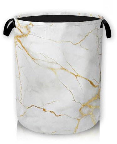 White Gold Marble Laundry Basket, Foldable Laundry Basket Storage Sorter with Handle,Round Washing Storage for Bedroom, Bathroom, College Dorm 66L