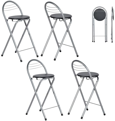 GOKHOMX Klapphocker mit Lehne 4er Set, Tragbarer Klapphocker Faltbarer Hocker Outdoor Barhocker Gartenhocker Klappbar für Garten Balkon Küche Bars, Sitzhöhe 61 cm (Schwarz und Silber)