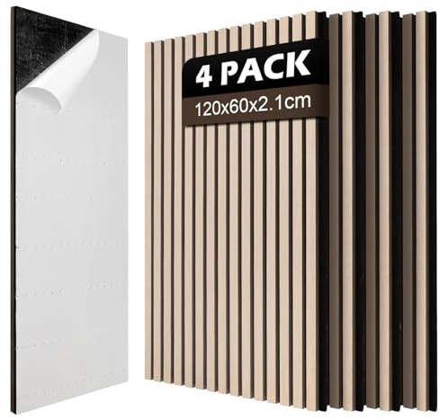 Jaxguom Lot de 4 panneaux acoustiques en bois - 120 x 60 cm (2,88 m²) - Autocollants - Aspect bois - Pour isolation acoustique et décoration - Panneaux en bois pour salon, bureau, studio, pour montage