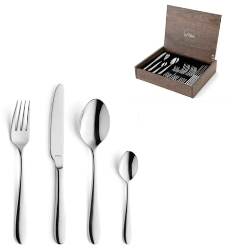Amefa OXFORD Besteck Set 6 Personen, 24-tlg., 18/10-Edelstahl, Silber | Hochglanz, rostfrei, spülmaschinengeeignet, 6 Menügabeln, 6 Menülöffel, 6 Menümesser, harmonisches Design, Kaffeelöffel