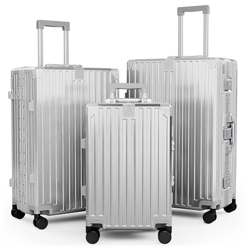ALPHA CAMP Kofferset M L XL Reisekoffer TSA Schloss Groß 3tlg mit Rollen | Hartschalenkoffer Polycarbonat Suitcase Aluminium Rahmen Koffer Set Handgepäck Silber Mittelgroß Rollkoffer Flugreisen