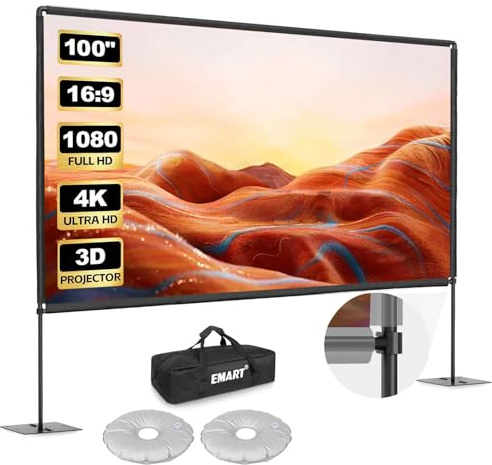 EMART Outdoor Projector Screen and Stand, 100 Inch Portable Projector Stand Indoor with Heavy Duty Flat Base, 16:9 4K HD Rear Front Movie Screen for Backyard, Party, Night (with Water Bag, Carry Bag)