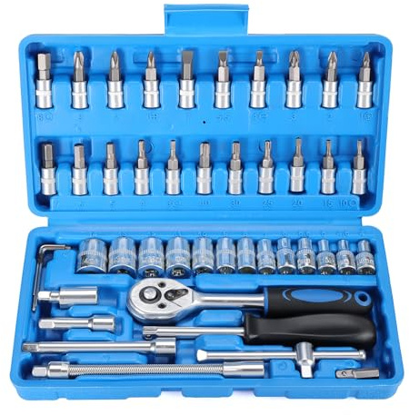 Faankiton 46PCS Ratchet Socket Set 1/4 Drive Socket Wrench Set, Cr-V Metric Ratchet Wrench Tool with Extension Bar and 72 Teeth Reversible Ratchet Spanner for Auto Repair and Home Maintenance (Blue)