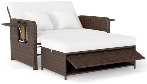 LIFEZEAL Lounge Outdoor, Doppelliege mit Liegefunktion, Rattan Tagesbett Sonnenliege mit Verstellbarer Rückenlehne, 2-Sitzer Gartensofa mit Seitentisch & Ottomane, bis zu 360kg (Braun+Weiß)