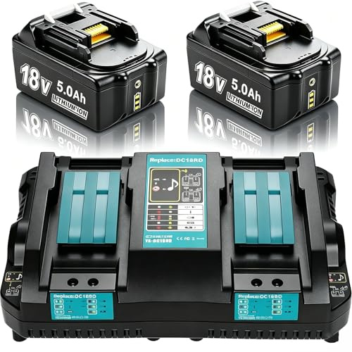 Replacement for Makita 18V Batteries: LXT 5.0ah Battery + Dual Port Charger | Compatible with Makita Lithium-Ion Batteries BL1850 BL1830 BL1840 BL1860 & DC18RD DC18RC DC18RCT DC18SF DC18RD Charger