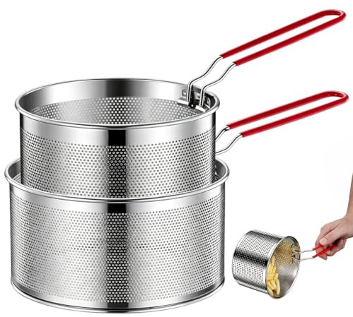 TIANLIN 2 Pièces Panier Friteuse, 18 cm et 20 cm Passoire à Frire | Panier a Frite en Acier Inoxydable, Passoire Pates avec Manche Amovible, pour Friture, Blanchiment, Rinçage