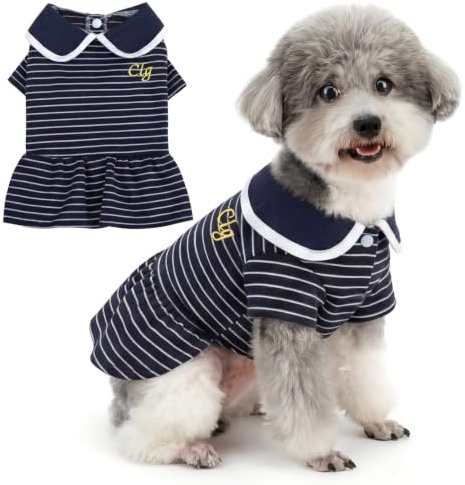 Zunea Preppy Striped Small Dog Dresses Breathable Puppy Skirt Uniform Lightweight Pullover Princess Dress with Peter Pan Collar for Chihuahua Yorkie, for Daily Wear and Photo Blue XL