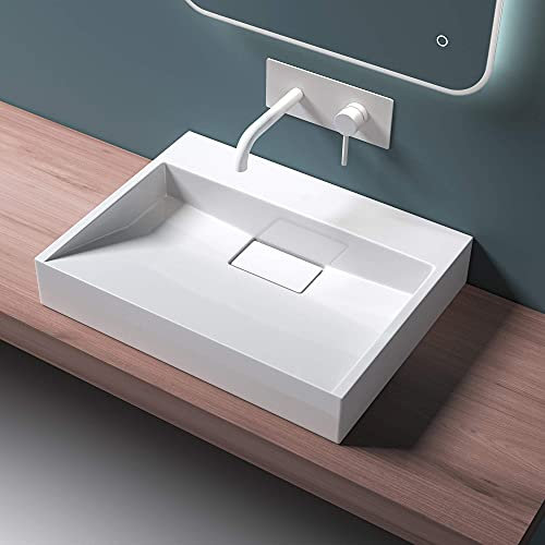 Mai & Mai Lavabo sobre Encimera Lavabo Suspendido Baño Lavabo | Rectangular | Blanco Brillante | Mármol Fundido | 50x38x11cm | sin Orificio para Grifo con Válvula de Desagüe | Colossum19