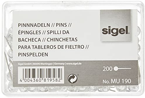 SIGEL MU190 Pinnnadeln, Kunststoffkopf, transparent, 200 Stück, mit großem transparenten Kunststoffkopf (Ø 6 mm) und fester Stahlspitze, insgesamt 2,1 cm lang;pinnadeln