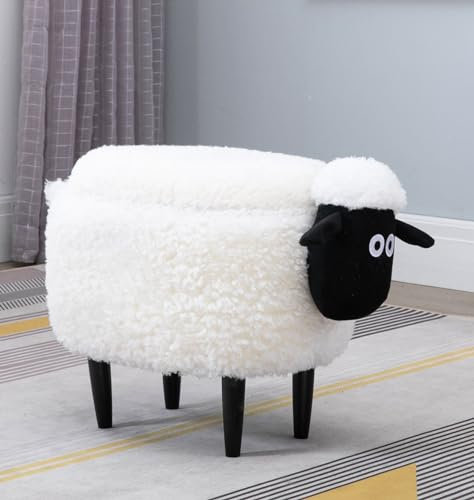 Hallowood Furniture Sheep Foot Stool with Storage, White Storage Ottoman with Lid and Wooden Legs, Fabric Animal Pouffe for Kids and Adults, Footstool for Living Room or Bedroom