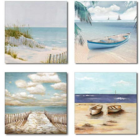 Plage Paysage Marin Mer Bateau Coucher du Soleil Peinture Toile Tableau Wall Art Pictures 4 Panneau Modulaire Modulaire Photos Empreintes sur La Peinture sans Cadre 30 * 30cm*4