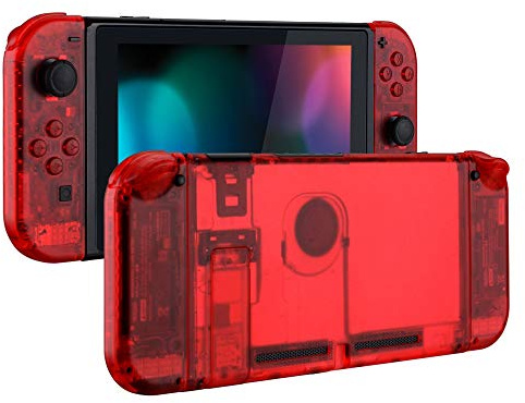 eXtremeRate Transparent Clear Red Back Plate for Nintendo Switch Console, NS Joy con Handheld Controller Housing with Full Set Buttons, DIY Replacement Shell for Nintendo Switch
