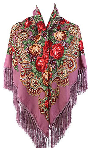 Gudessly Damen Traditioneller Schal Wickeltuch Quaste Schal Fransen Hals Kopftuch Retro Schal Blumenponcho Druck Schal, Violett, Einheitsgröße