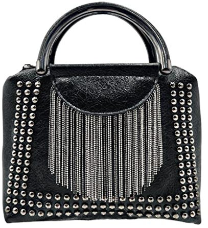 Julesmar Damen Nieten Tasche New York // Schwarz mit Nieten und Ketten, Kunstleder, Umhängetasche, Punk Rock Style