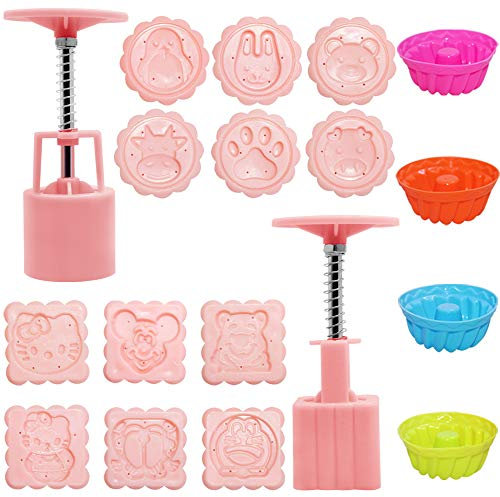 2 juegos de máquinas formadoras de pasteles de luna, equipados con 12 sellos y 4 moldes de silicona para pasteles, moldes de pastel de luna de dibujos animados redondos y cuadrados de 50 g