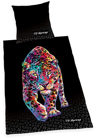 Herding P.D. Moreno Leopard Bettwäsche-Set, Wendemotiv, Kopfkissenbezug 80 x 80 cm, Bettbezug 155 x 220 cm, Mit leichtläufigem Reißverschluss, Baumwolle/Satin