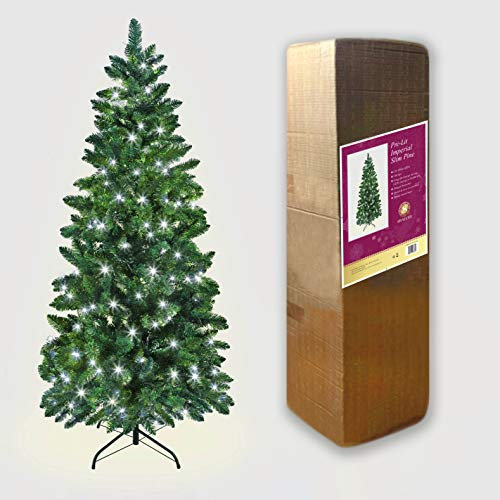 SHATCHI 7Ft/2.1m Pre-Lit Green Christmas Slim Pine Narrow Xmas Tree, Pointed Tips, Metal Stand, Cool White LED Lights, Holiday Home Decorations, 210 cm