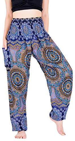 Lofbaz Yoga Boho Hosen für Damen Harem Hippie Kleidung Pyjamas Lounge Bekleidung Jogger Indian Bohemian Tanz Sommer Strand Blühende Blume Dunkelblau S