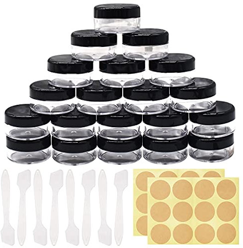Jicyor Contenant Cosmétique Pot 20 Pièces 10ML Vide Plastique Transparente Petite Pots Avec Mini Spatule Autocollants Pots Cosmétiques pour Crème Poudre Lotion Mini Bougies Cosmétiques