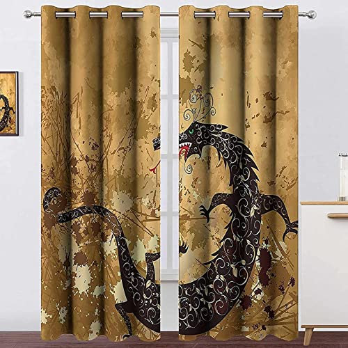 LKCD Vorhänge Für Kinderzimmer Jungen - Reptil Drachenfelsen Wind Braun 200X160Cm 2 Stück Kinderzimmervorhänge Mit Ösen, Verdunkelungsvorhang Für Kinderzimmer