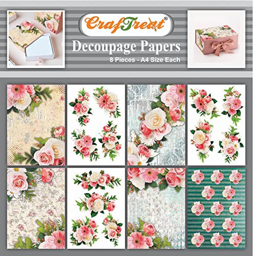 CrafTreat Rose Decoupage Papier zum Basteln A4 (8,3 x 11,7 Zoll) 8er-Pack Scrapbook Papier Decoupage Papier & Bastelpapier Muster-Set, Motivkarton, Musterpapier, Bastelpapier Vintage, Designerpapier