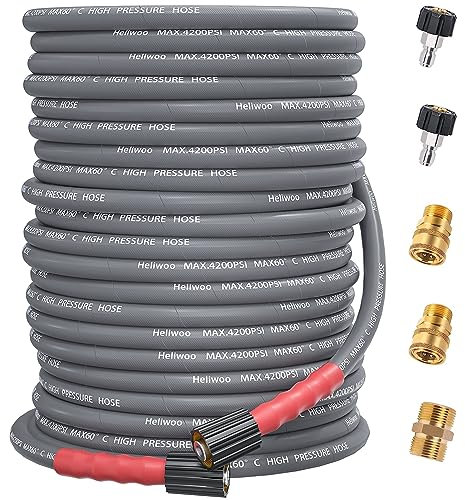 Heliwoo Hochdruckreiniger-Schlauch, 45.7 m, 1/4 Zoll, knickfest, Hochleistungsreiniger-Verlängerungsschlauch, flexibel, kompatibel mit M22 14 mm Armaturen, hochfestes Drahtgeflecht – 4200 PSI