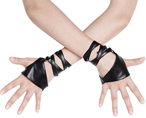 Jmkcoz Damen Punk-Handschuhe mit halber Handfläche, fingerlos, PU-Leder, Nachtbar, Band-Up, Punk-Handschuhe, Performance-Kostüm, Tanzhandschuhe, Schwarz, Einheitsgröße