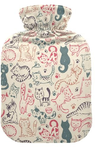 Hot Water Bottle, 1L Small Hot Water Bottles with Cover, Leak Proof Best for Winter Sports Outdoors Relief from Back Neck and Leg Cold Muscle Pain and Cramps (Cute Cat)