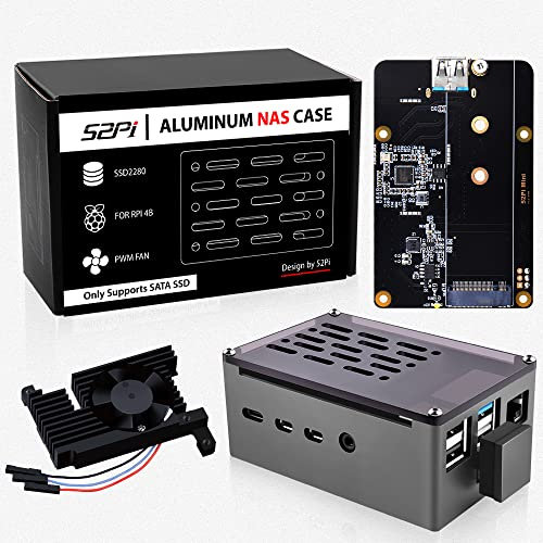 GeeekPi Raspberry Pi 4 Aluminium NAS Gehäuse Mit PWM Lüfter und M.2 SATA SSD Adapterplatine - Passives Aluminiumgehäuse Mit 3510 Ultra-Quiet Lüfter für Model B 2GB 4GB 8GB