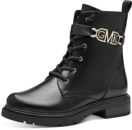MARCO TOZZI by Guido Maria Kretschmer Damen Stiefeletten zum Schnüren aus Kunstleder mit Reißverschluss, Schwarz (Black/Gold), 42 EU