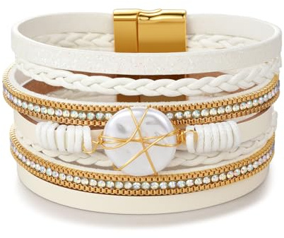 LSxAB Women Multi-Layer Leather Wrap Bracelet Stackable Wristband Braided Cuff Bangle Bracelets Handmade Jewellery