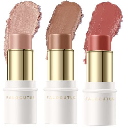 FALOCUTUS 3 Pcs MEDIUM Contour Stick Set,Cream Blush & Highlighter Bronzer Pen,Long Lasting & Smooth Natural Face Contouring Illuminator,Professional Makeup Kit for All Skin