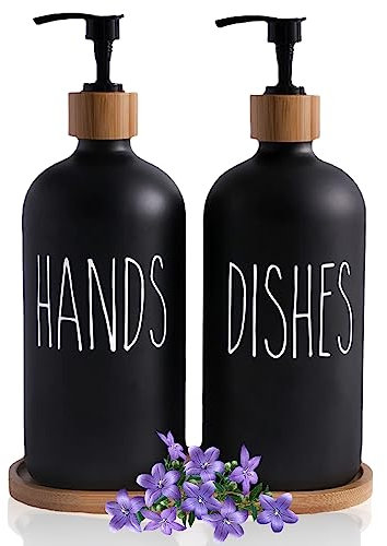 2 Pz Set di Dispenser Sapone in Vetro Cucina Bagno, 500 ml Dispenser Detersivo Piatti con Vassoio Ricaricabile Porta Sapone Liquido, Contiene Bottiglie di Sapone (Nero)