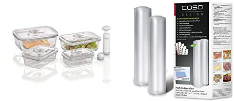 CASO VacuBoxx E-Set - 4 extrem stabile eckige Vakuumbehälter aus Borosilikatglas & Profi- Folienrollen 30x600 cm / 2 Rollen, für alle Vakuumierer, BPA-frei, sehr stark & reißfest ca. 150µm, aromadicht