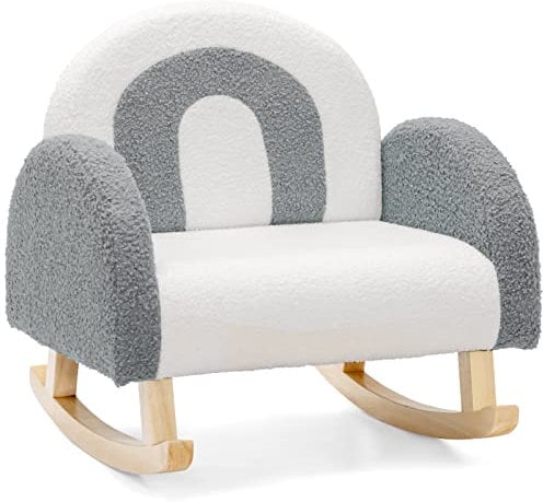DREAMADE Fauteuil à Bascule Rembourré Enfant 3-5 Ans, Canapé d'Appoint en Velours Teddy avec Dossier Élargi, Pieds en Bois Massif, Anti-basculement, pour Salle de Jeux, Chambre, Salon (Gris)