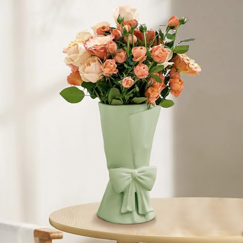 Relexome Keramik Vase mit Schleife, 24,5 cm Modern Boho Vase, dekorative Aesthetic Blumenvase für Frische Blumenstrauß, für Wohnzimmer, Schlafzimmer, Tischdekoration, Home Deko,Pastellgrün