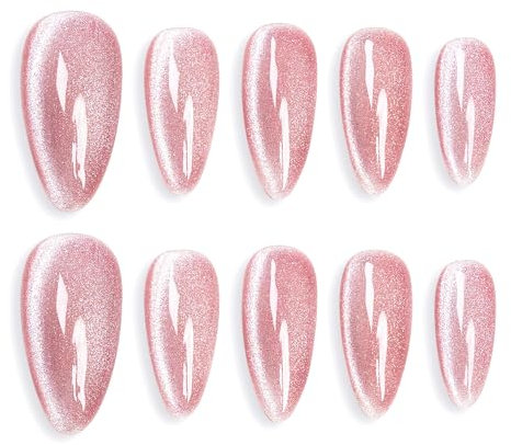 Sun&Beam Nails Handmade Press-on Medium Long Almond Fuchsia Pink Cat Eye Design Charming False Nail Tips 10 Pcs (#124 S)