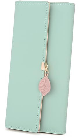 UTO Geldbörse Damen Gross mit Blatt Anhänger PU Leder Lange Reißverschluss Brieftasche Geldbeutel Kartenhalter Handytasche Mädchen Valentinstag Muttertag Geburtstag Gedenktag Weihnachten Neujahr Grün