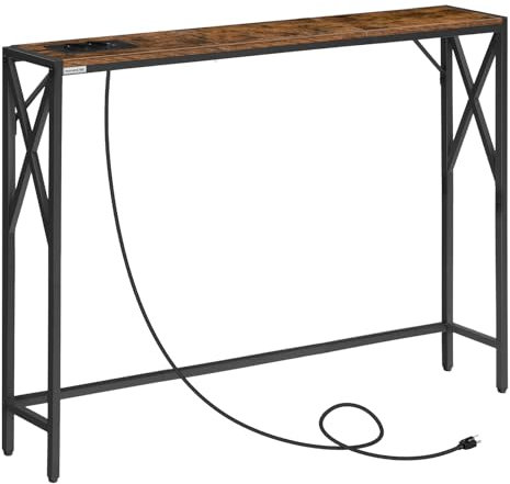 MAHANCRIS Mesa Auxiliar con Base de Carga, Mesita de Entrada, Consola Larga y Estrecha, Mesa de Pasillo, Mesa Vintage para Respaldo de Sofá, Adecuada para Entrada, Salón, Pasillo, Marrón ACTHR151UE01
