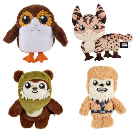 Disney Galaxy Edge Bundle: 4 Authentic Galaxy's Edge Star Wars Plush Collectables - Ewok, Loth-Cat, Porg, Wookiee with Original Creature Sounds - Star Wars Gifts