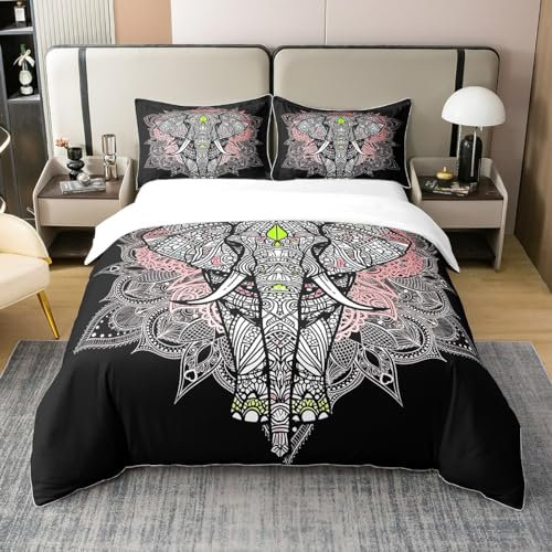 100% Baumwolle Boho Elefant Bettwäsche Set Bohemian Mandala Elefant Bettbezug 155x220 Safari Tier Tröster Bezug für Kinder Männer Frauen Erwachsene Retro Exotische Bettbezug 1 Kissenbezug,Schwarz