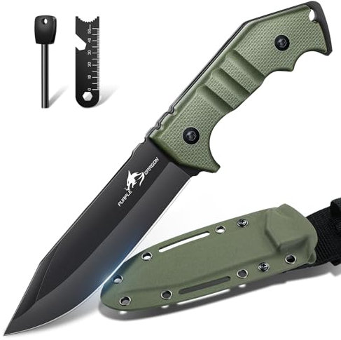 Purple Dragon Survival Messer Feststehende Klinge mit Grüner Kydex Scheide, Full Tang Outdoor Messer aus einem Stück D2 Stahl, Jagdmesser mit G10 Griff für Bushcraft und Camping,Geschenke für Männer