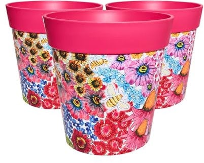 Hum Flowerpots, 25cm Set of 3, Various Patterns Colours and Sizes, Indoor/Outdoor Plastic Plant Pots (Pink Flowers)