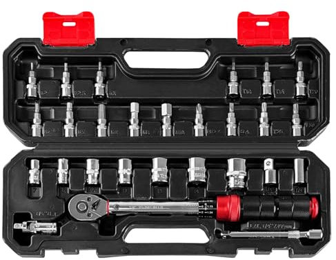 WETT 27-teiliges Click Drehmomentschlüssel Set, 1/4 Zoll Antrieb Fahrrad Drehmomentschlüssel, 1-25 NM (20-240 IN.LB), ±3% Präzision, Fahrrad Wartung Werkzeug Kit mit Bit-Stecknüssen, Adapter,
