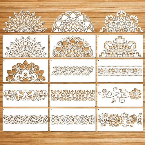 MWOOT 12 Pezzi Large Mandala Stencil Grandi,DIY Plastic Disegno Punto Scala Stencil Mandala,Riutilizzabile Durevole Pittura Modelli Arredo Tessuto Piastrella Tela Decorazioni(30x15CM)